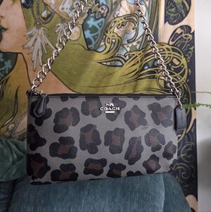 Coach Black/Grey/Brown Leopard/Ocelot Print PVC Leather Chain Strap Crossbody
